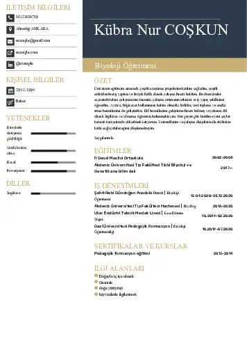 Biyoloji Öğretmeni CV Örnekleri cv indir